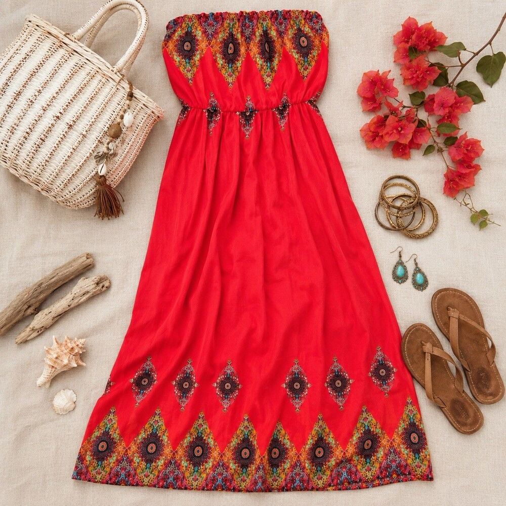Love Tree Red Paisley Strapless Boho Maxi Dress Small